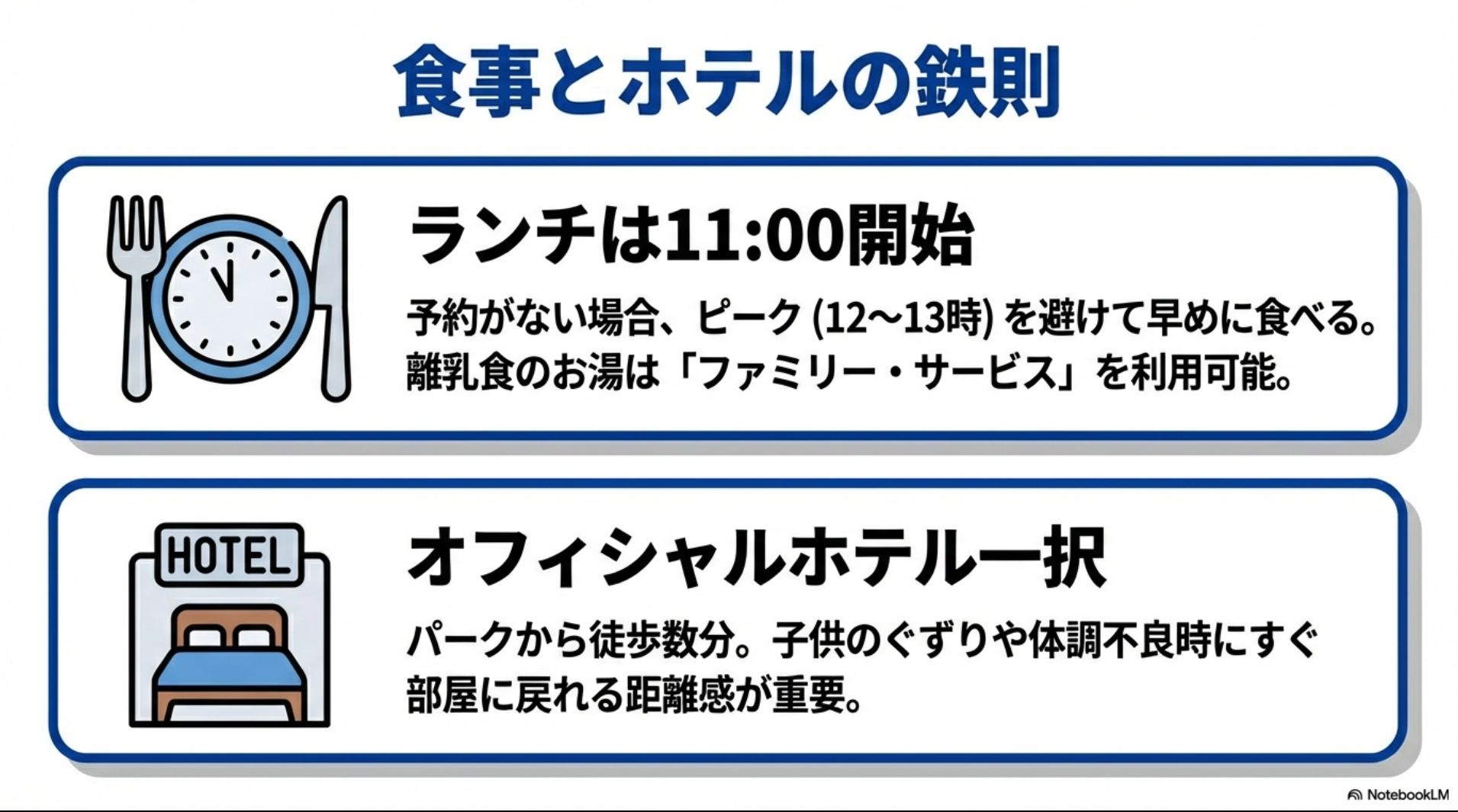 ランチは11時開始、宿泊はパークから近いオフィシャルホテル一択であることを説明する図解。