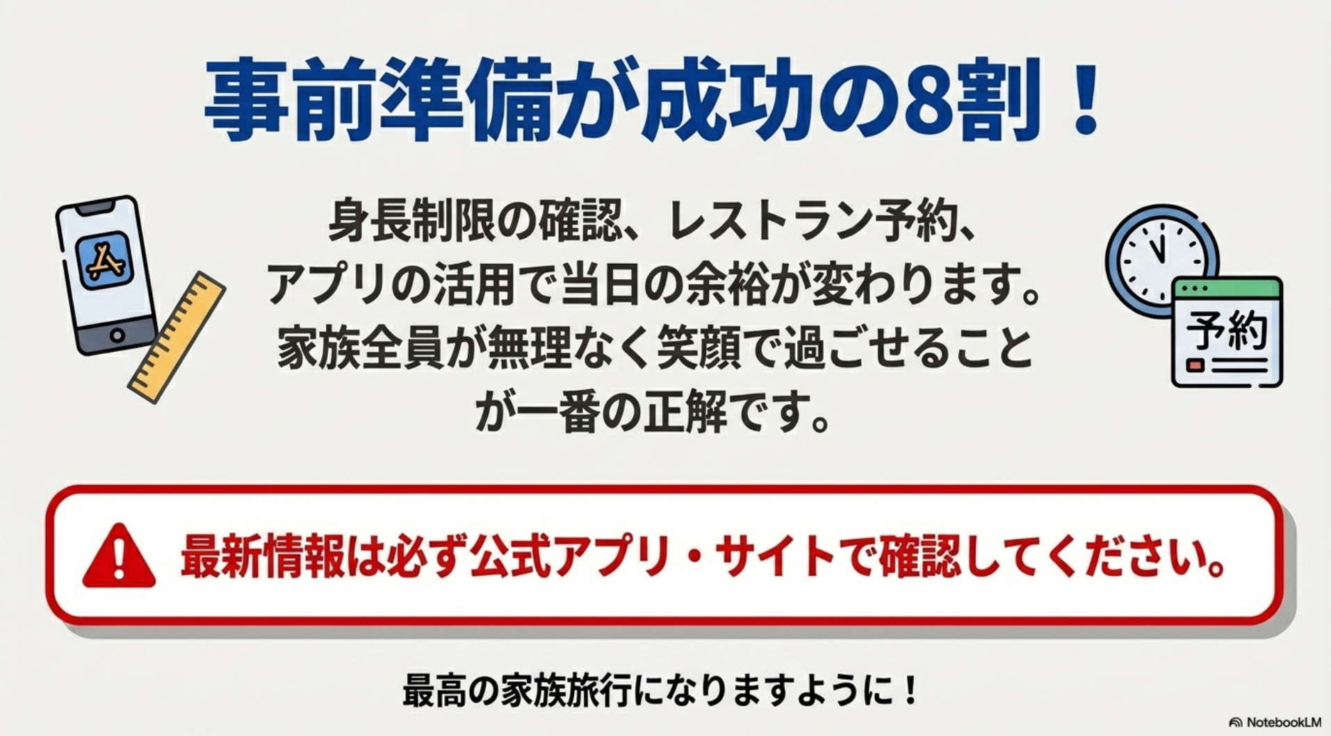 「事前準備が成功の8割」というメッセージと、アプリ活用・最新情報確認を促すエンディングスライド。